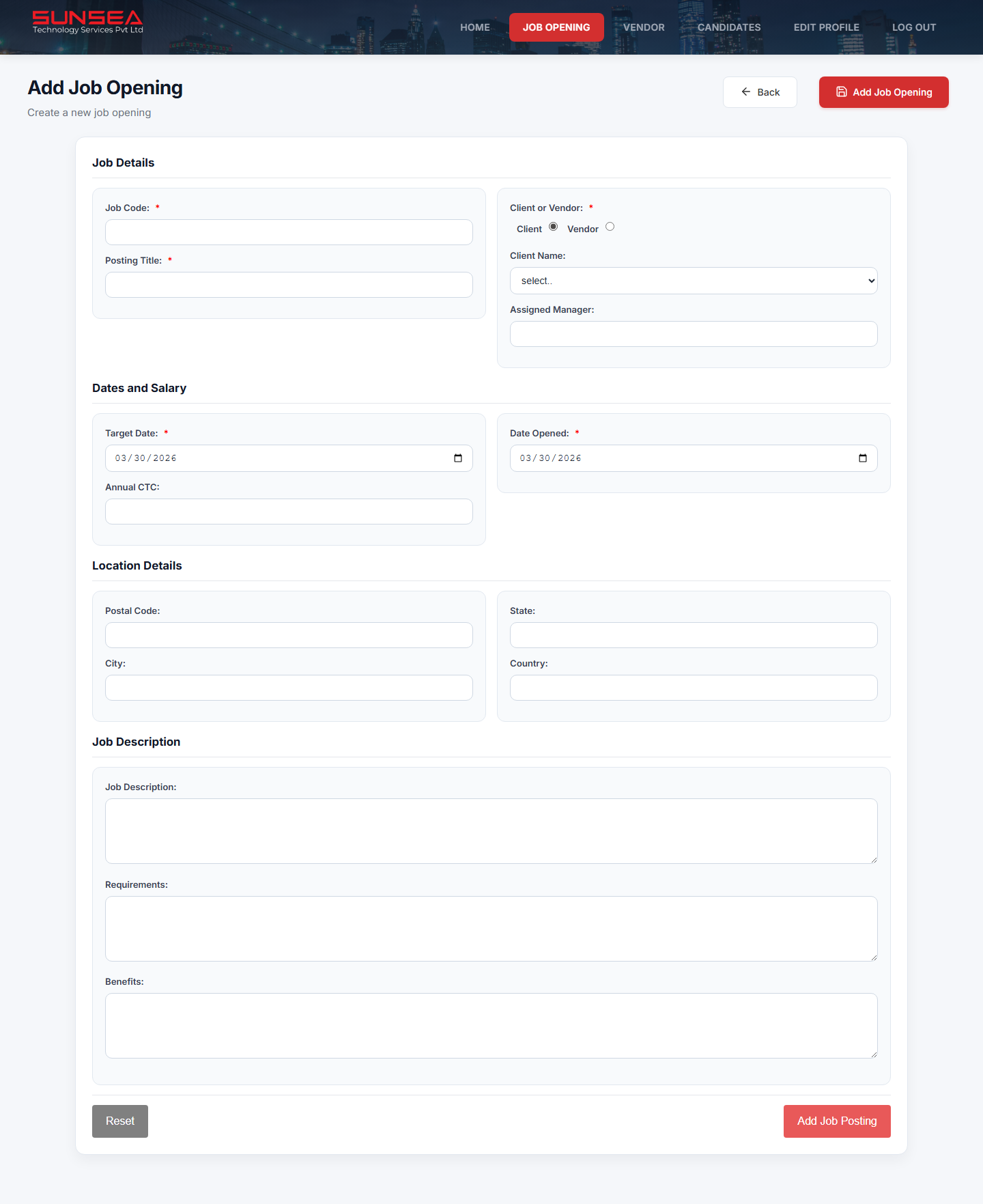Job form screen