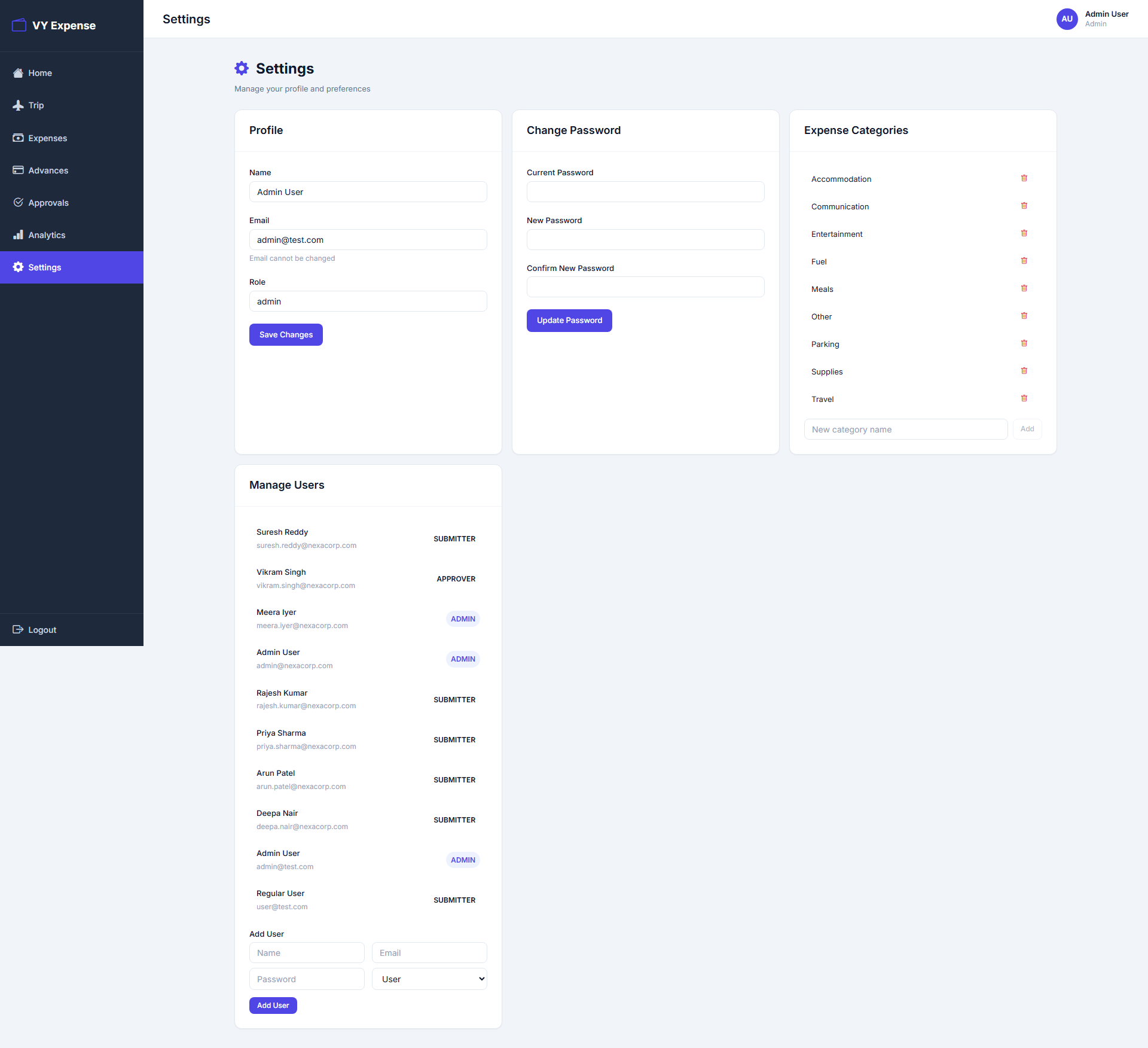 Settings and user management